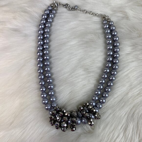 Faux Pearl Multi-Strand Statement Fashion Necklace Gray Glass Beads 17-20" - Picture 5 of 7